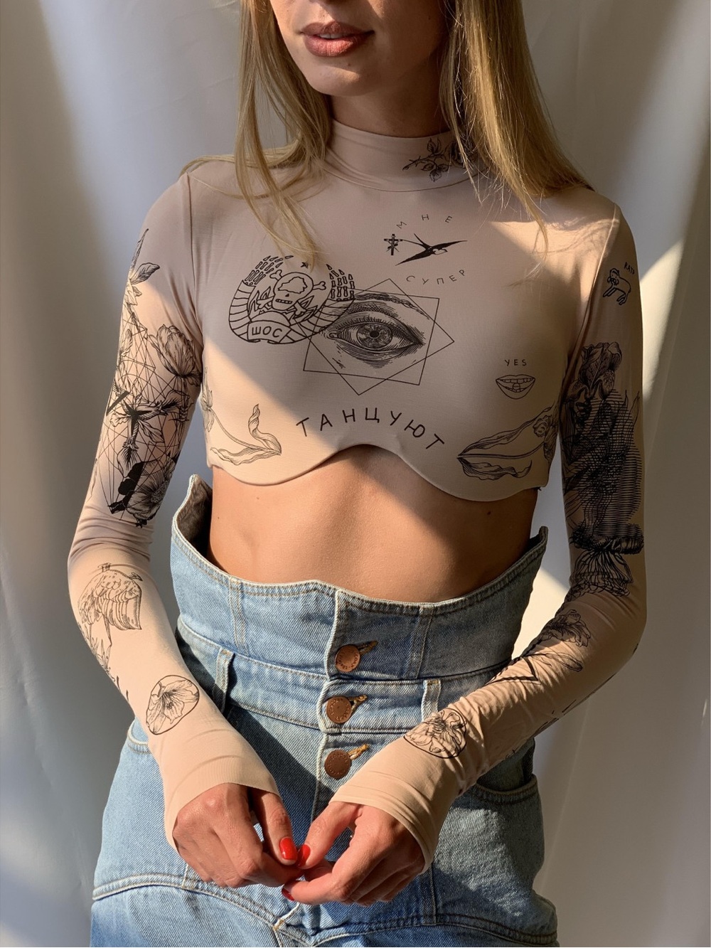 Mock Neck Tattoo-Print Long Sleeve Beige Crop Top